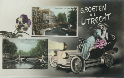 602741 Afbeelding van een prentbriefkaart met een algemeen beeld van een verliefd stel in een auto en twee tegels met ...